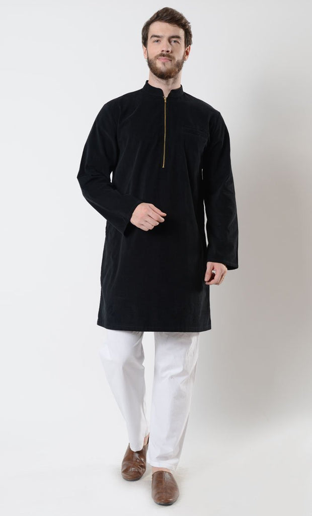 Mens Zipper Black Corduroy Tunic - EastEssence.com