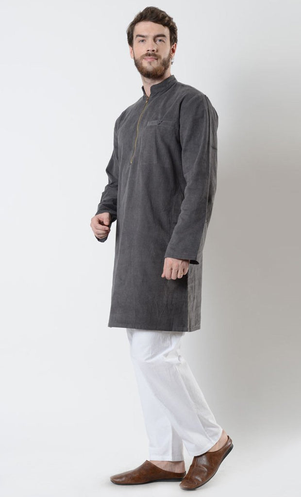 Mens Zipper Dark Grey Corduroy Tunic - EastEssence.com