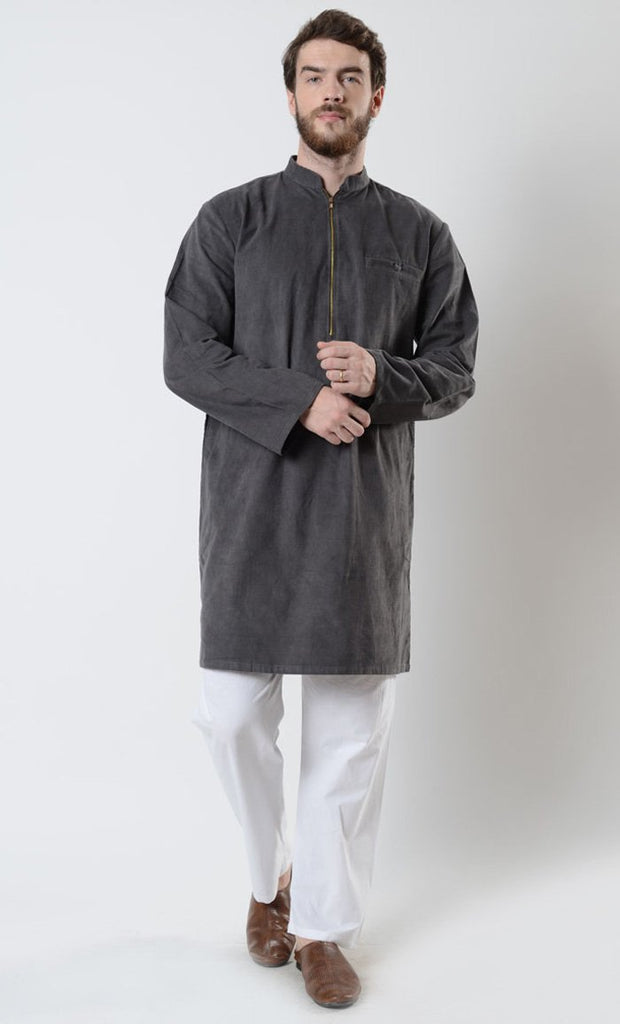 Mens Zipper Dark Grey Corduroy Tunic - EastEssence.com