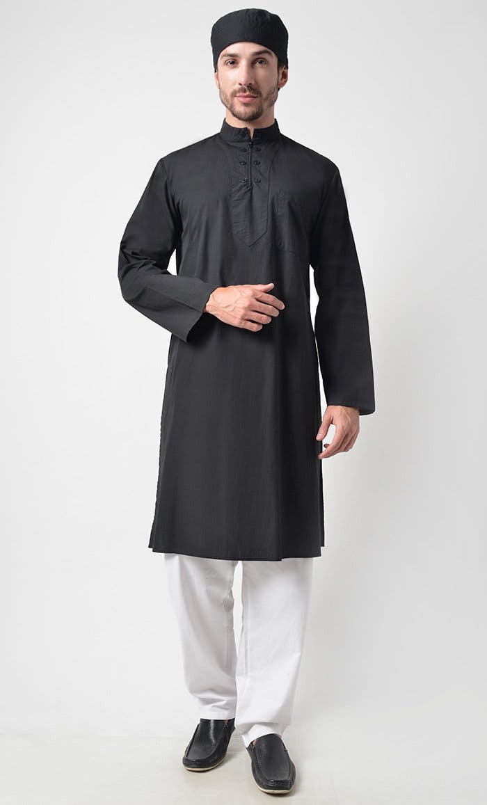 Men’s Zipper Detail Yoke Cotton Tunic – Black