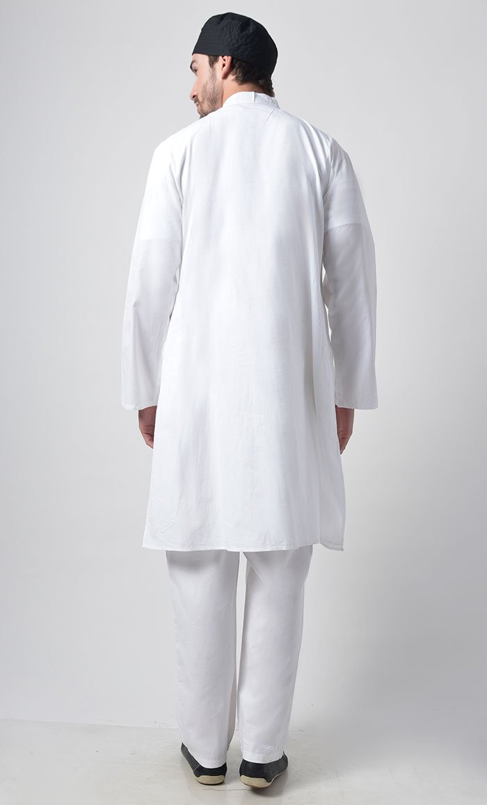 Mens Zipper Detail Yoke Cotton Tunic Set-White