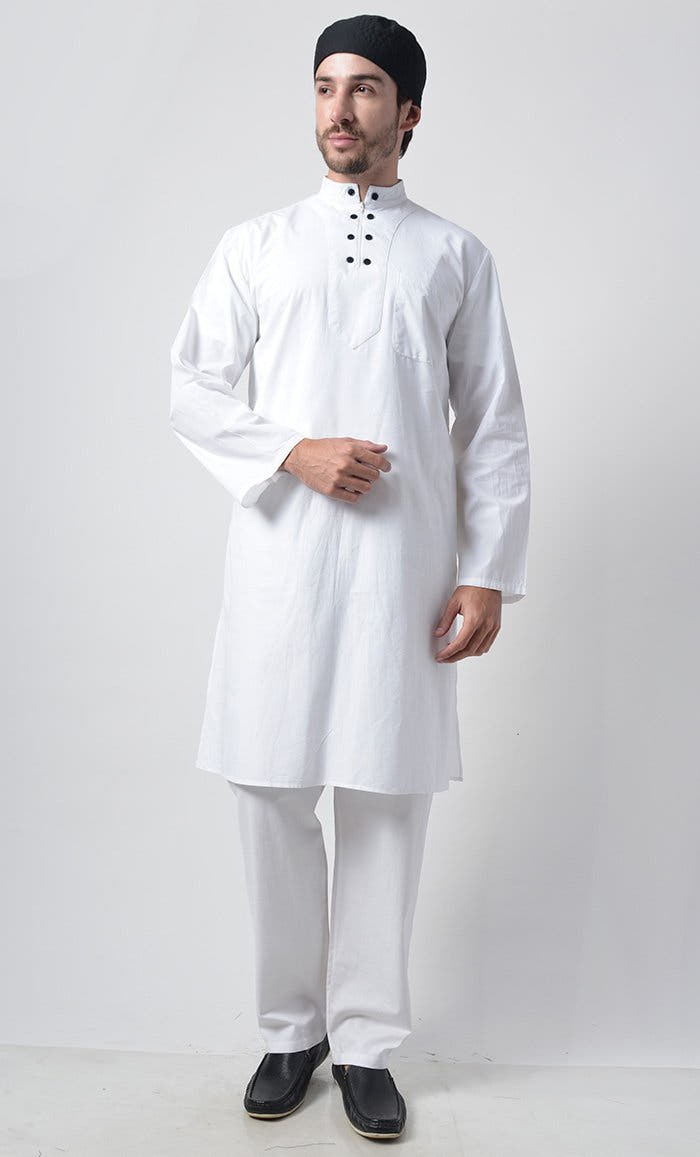 Men’s Zipper Detail Yoke Cotton Tunic Set – White