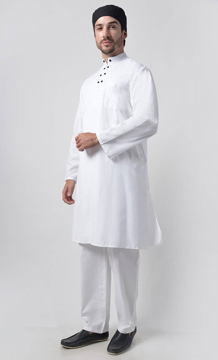 Mens Zipper Detail Yoke Cotton Tunic Set-White