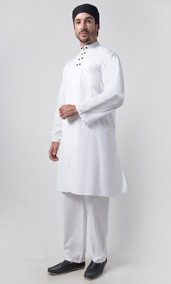 Mens Zipper Detail Yoke Cotton Tunic Set-White