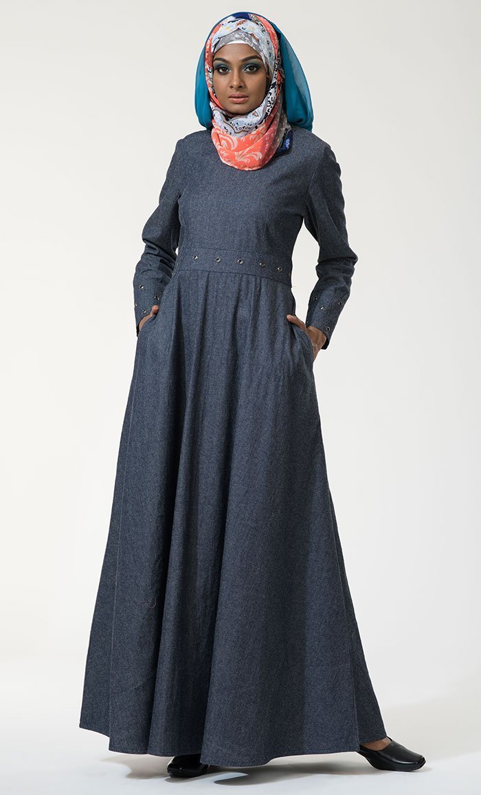 Metallic Eyelets Flared Abaya Dress