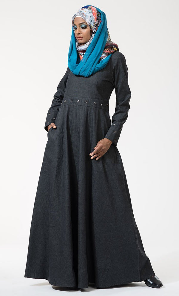 Metallic Eyelets Flared Abaya Dress