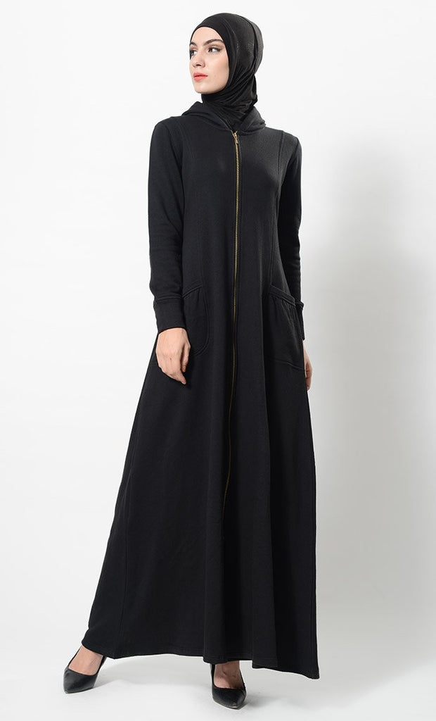 Metallic Zipper Detail Casual Abaya Dress And Hijab Set - EastEssence.com