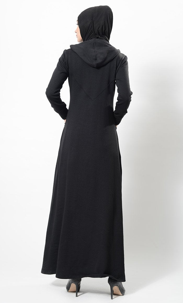 Metallic Zipper Detail Casual Abaya Dress And Hijab Set - EastEssence.com