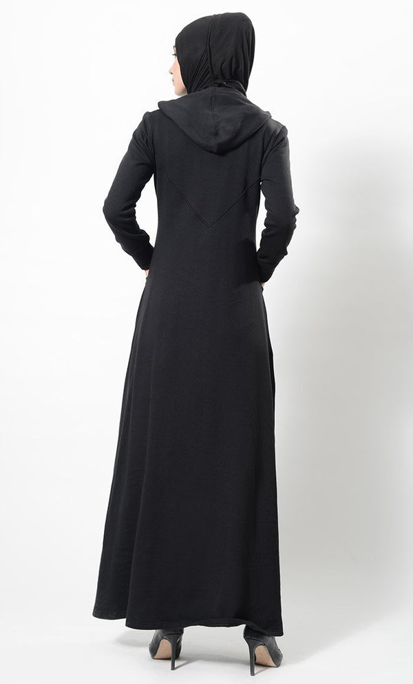 Metallic Zipper Detail Casual Abaya Dress And Hijab Set - EastEssence.com