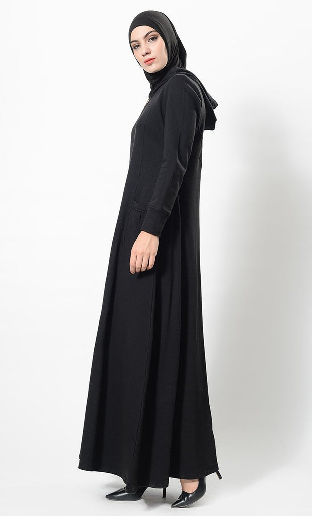 Metallic Zipper Detail Casual Abaya Dress And Hijab Set - EastEssence.com