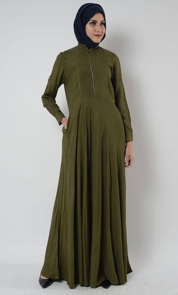 Metallic Zipper Detail Fit And Flared Abaya Dress - EastEssence.com