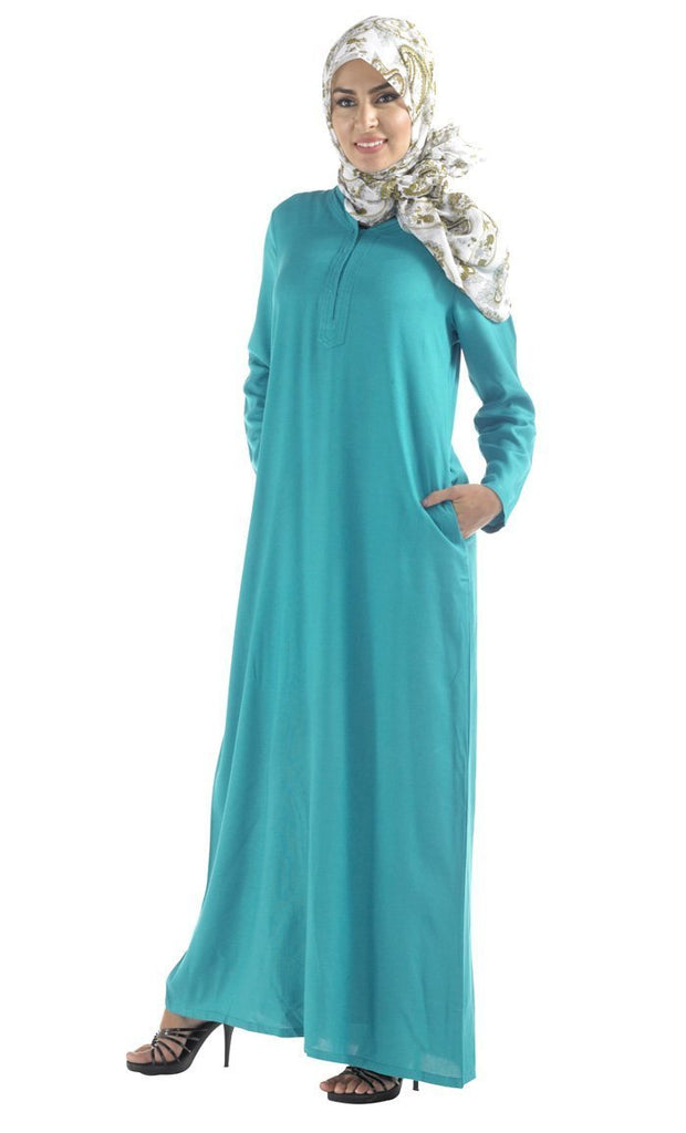 Metallic Zipper Detail Fit And Flared Abaya Dress - EastEssence.com