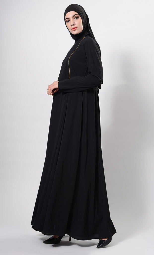 Metallic Zipper Detail Flared Abaya Dress And Hijab Set - EastEssence.com
