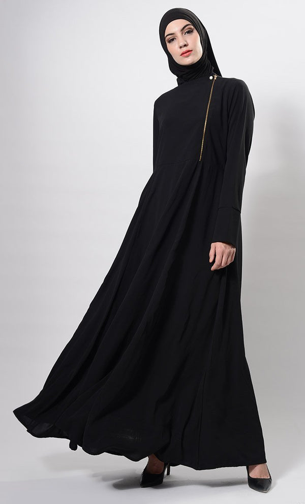 Metallic Zipper Detail Flared Abaya Dress And Hijab Set - EastEssence.com