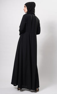 Metallic Zipper Detail Flared Abaya Dress And Hijab Set - EastEssence.com