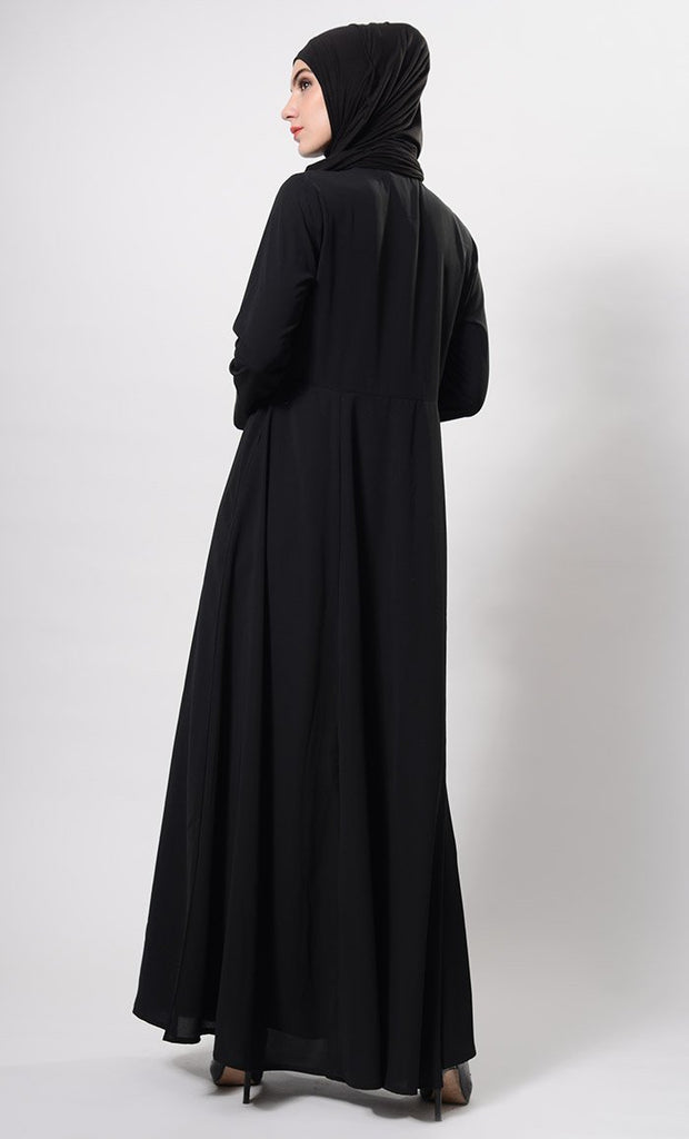 Metallic Zipper Detail Flared Abaya Dress And Hijab Set - EastEssence.com