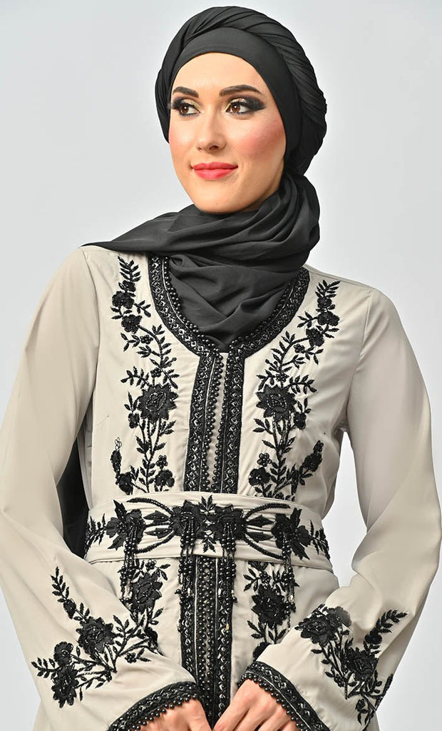 Mexico Style Beautiful Sequins And Zari Work Detailing Abaya With Hijab Belt And Pockets - EastEssence.com