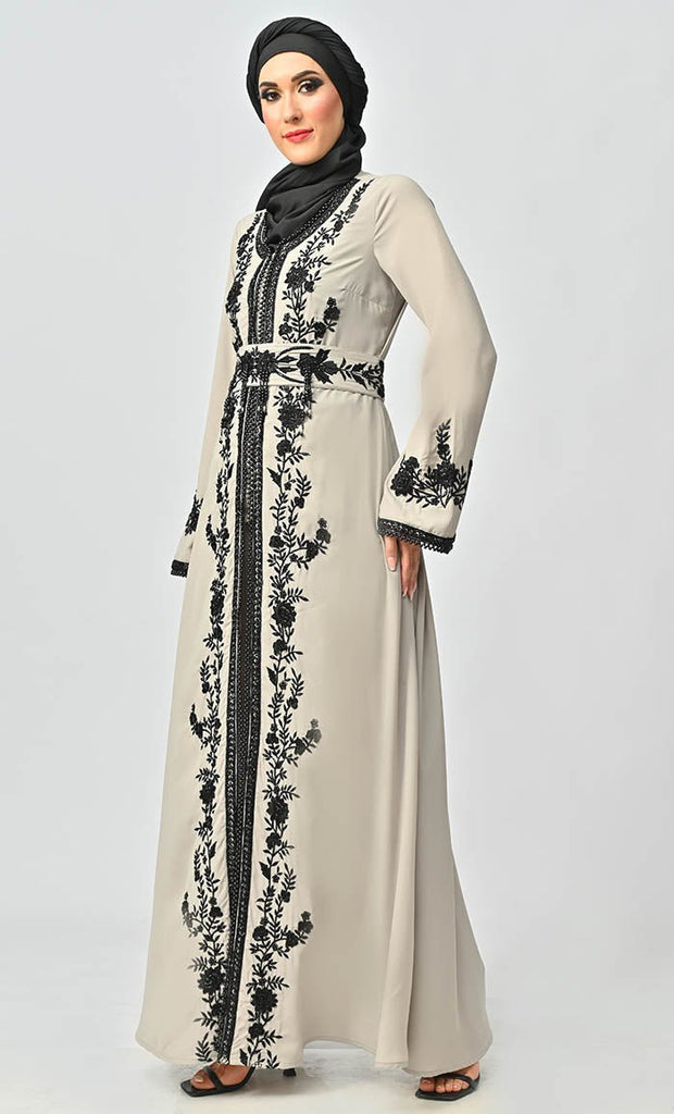 Mexico Style Beautiful Sequins And Zari Work Detailing Abaya With Hijab Belt And Pockets - EastEssence.com