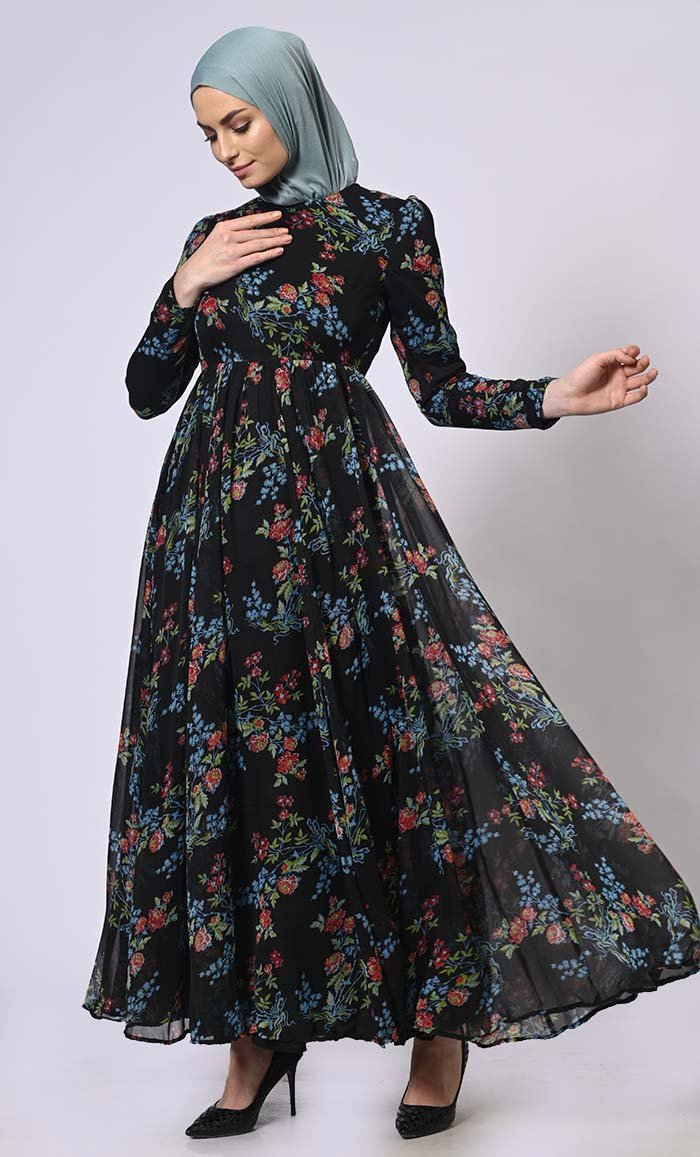 Printed Abaya with Belt and Hijab