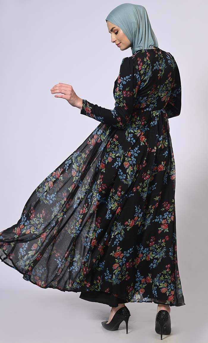 Printed Abaya with Belt and Hijab