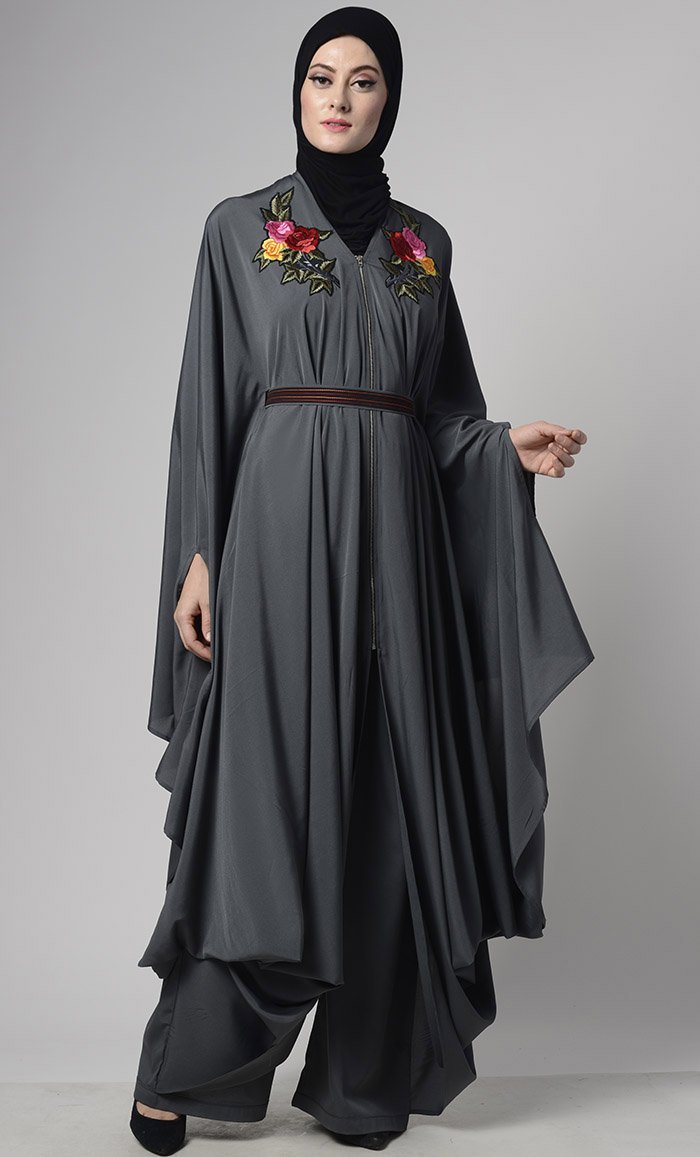 Modern Grey Draped Jumpsuit With Embroiderd Loose Belt - EastEssence.com