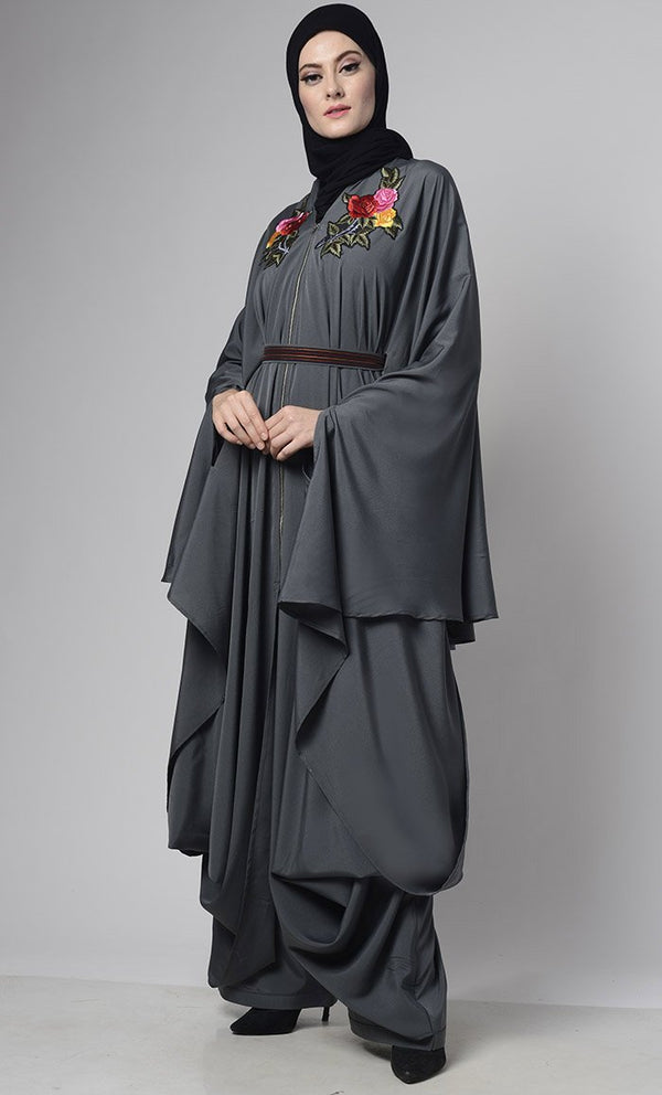 Modern Grey Draped Jumpsuit With Embroiderd Loose Belt - EastEssence.com