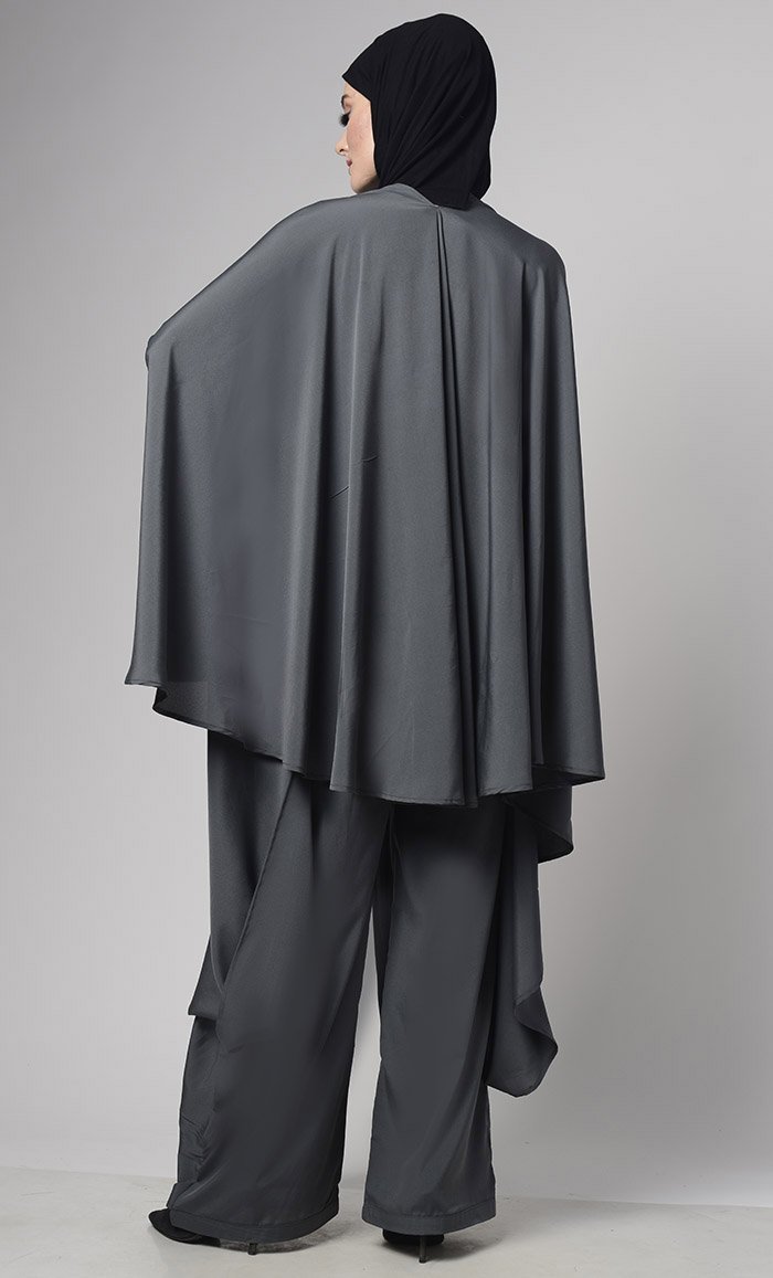 Modern Grey Draped Jumpsuit With Embroiderd Loose Belt - EastEssence.com