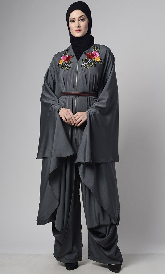 Modern Grey Draped Jumpsuit With Embroiderd Loose Belt - EastEssence.com