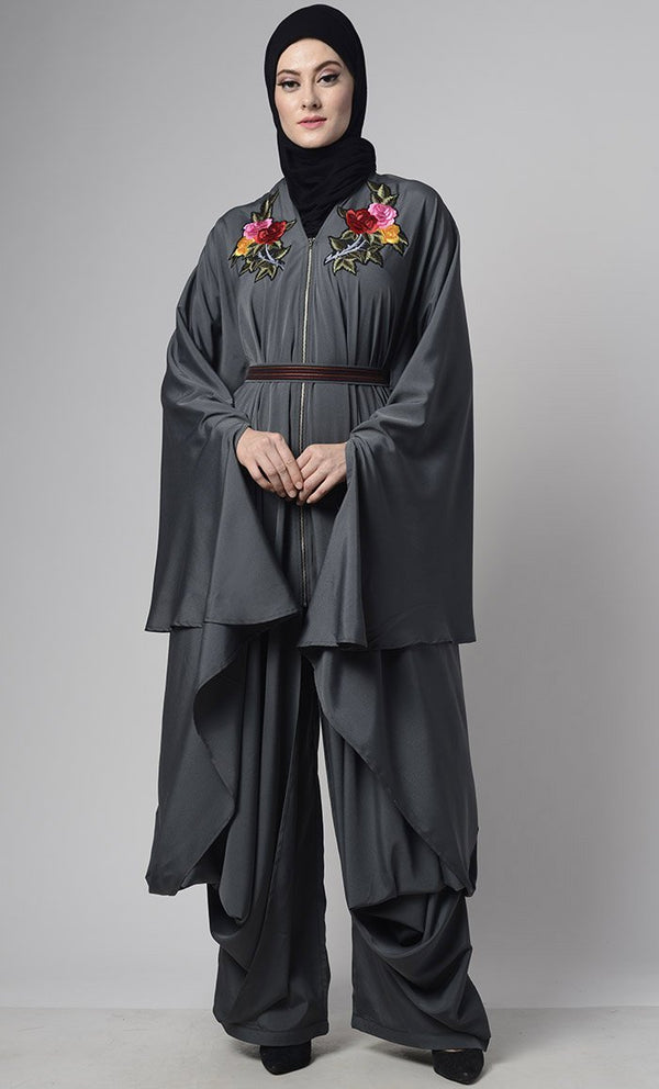Modern Grey Draped Jumpsuit With Embroiderd Loose Belt - EastEssence.com