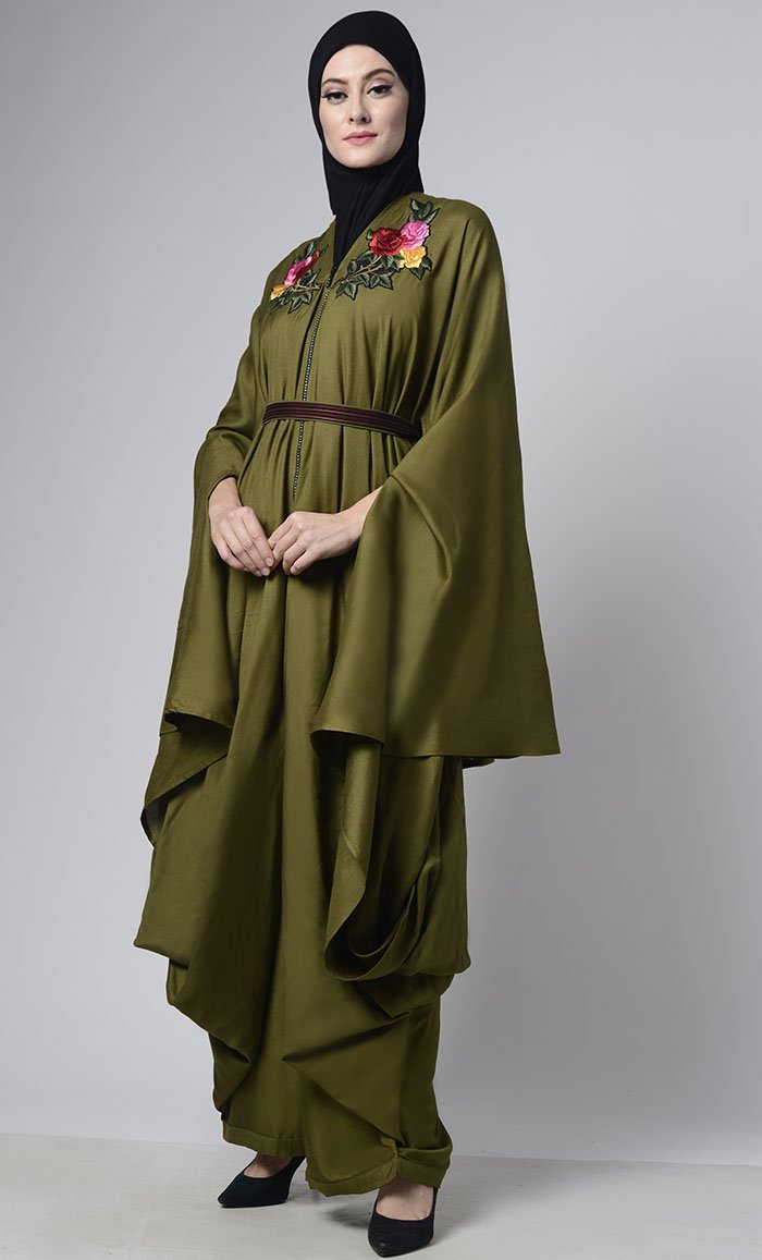 Modern Olive Green Draped Jumpsuit With Embroiderd Loose Belt - EastEssence.com