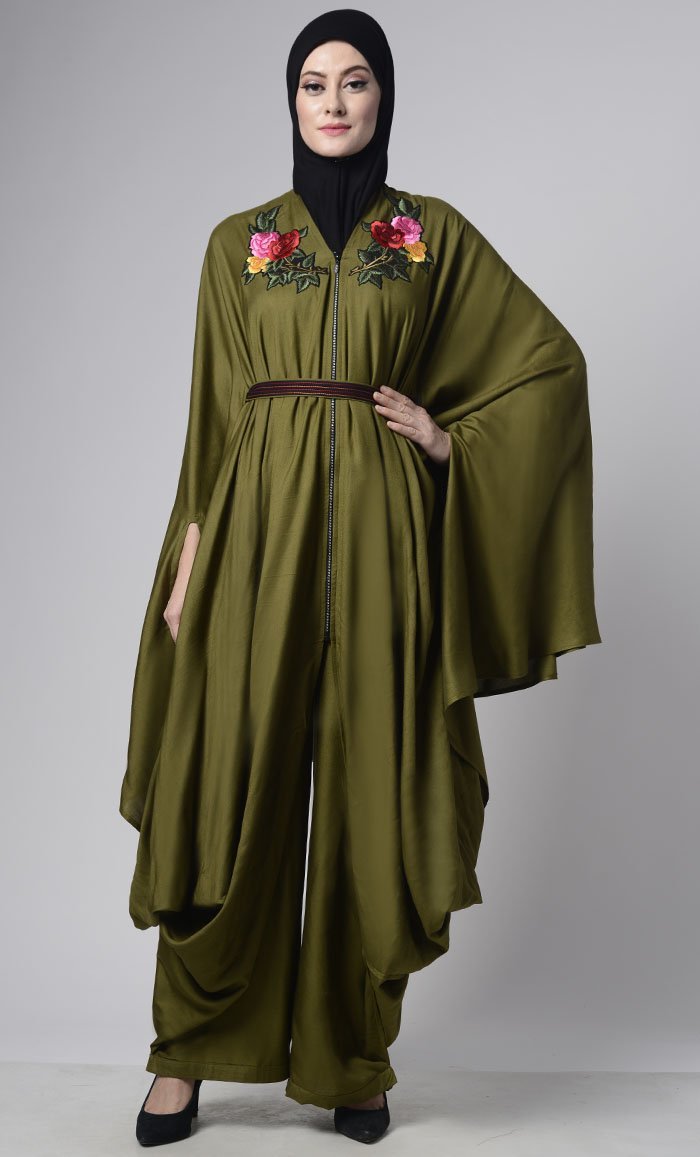 Modern Olive Green Draped Jumpsuit With Embroiderd Loose Belt - EastEssence.com