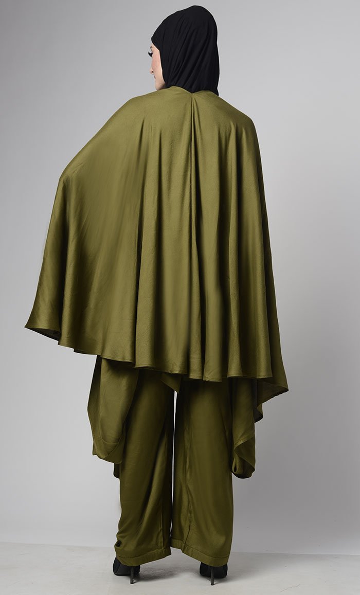 Modern Olive Green Draped Jumpsuit With Embroiderd Loose Belt - EastEssence.com
