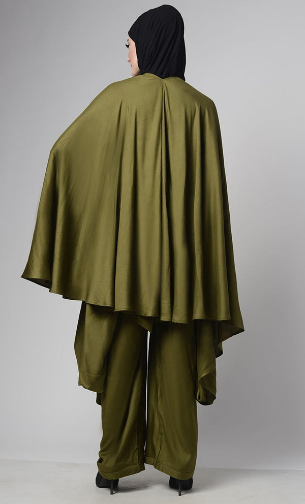 Modern Olive Green Draped Jumpsuit With Embroiderd Loose Belt - EastEssence.com