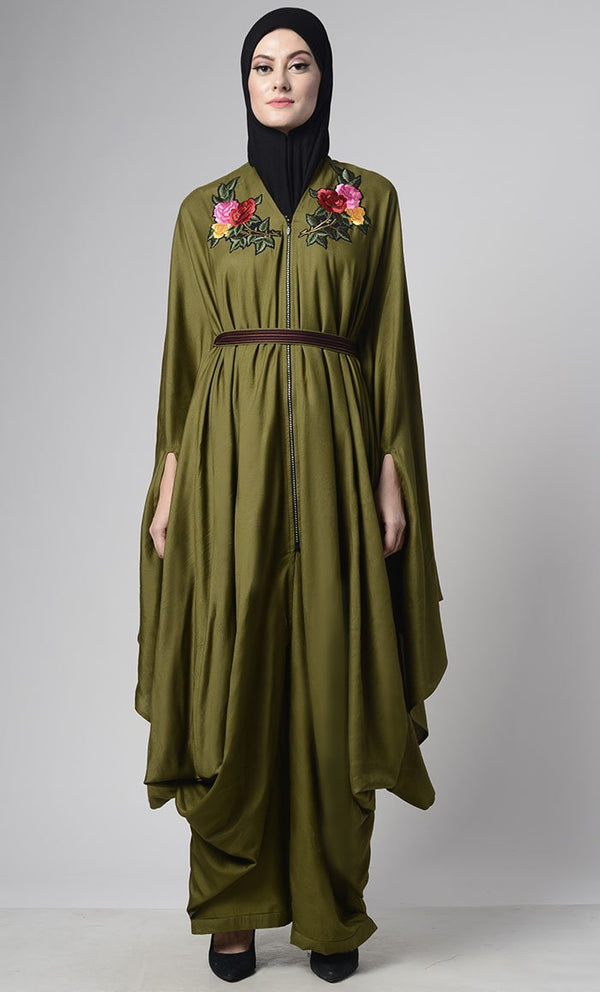 Modern Olive Green Draped Jumpsuit With Embroiderd Loose Belt - EastEssence.com