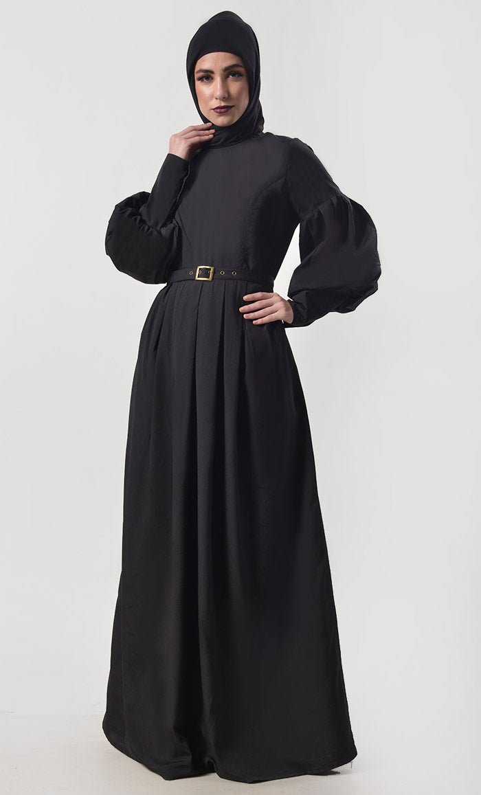 Modern Sleeve Detailing Black Abaya With Pockets And Belt - EastEssence.com