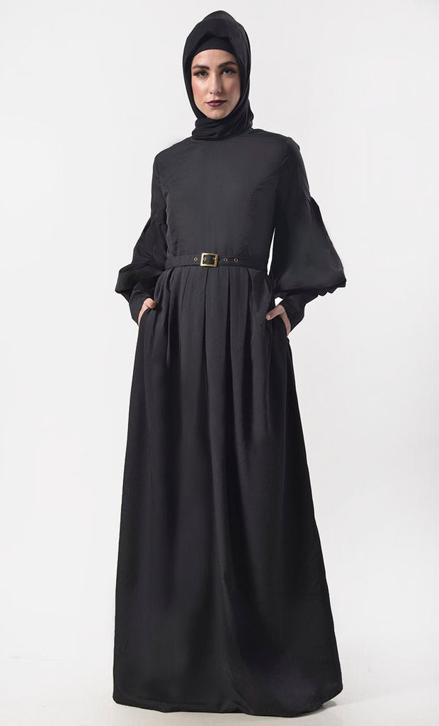 Modern Sleeve Detailing Black Abaya With Pockets And Belt - EastEssence.com