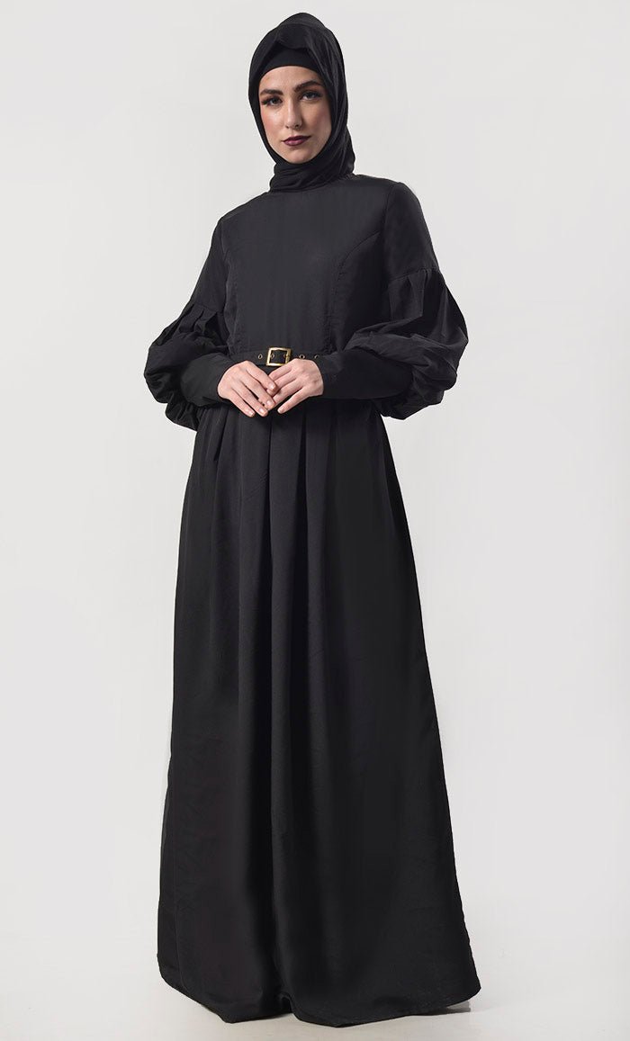 Modern Sleeve Detailing Black Abaya With Pockets And Belt - EastEssence.com