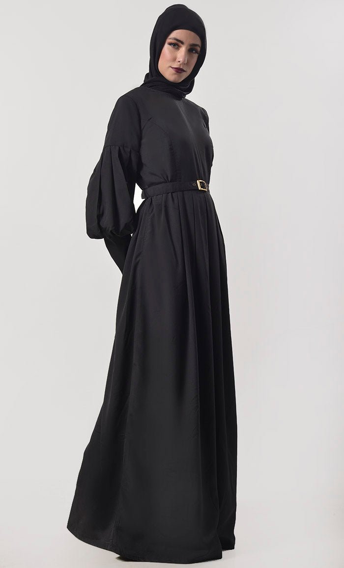 Modern Sleeve Detailing Black Abaya With Pockets And Belt - EastEssence.com