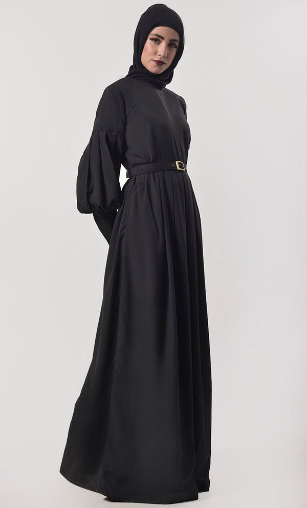 Modern Sleeve Detailing Black Abaya With Pockets And Belt - EastEssence.com