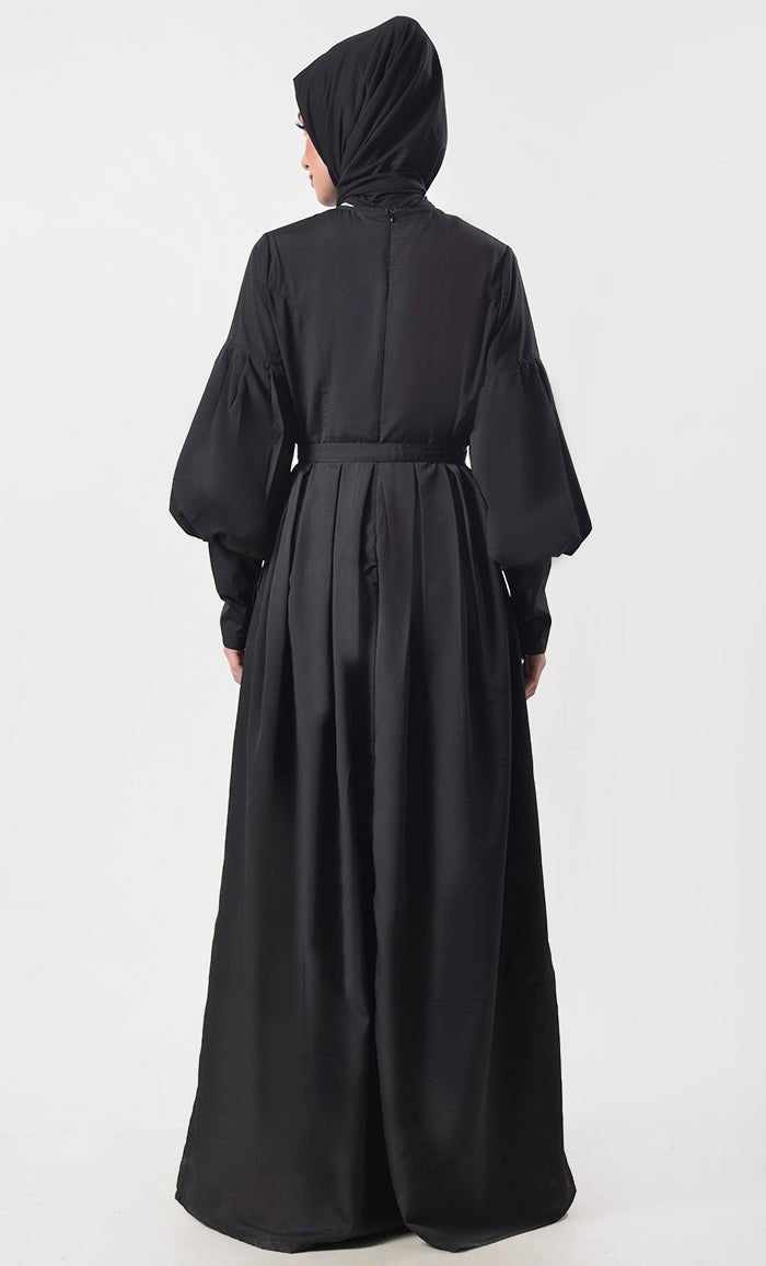 Modern Sleeve Detailing Black Abaya With Pockets And Belt - EastEssence.com
