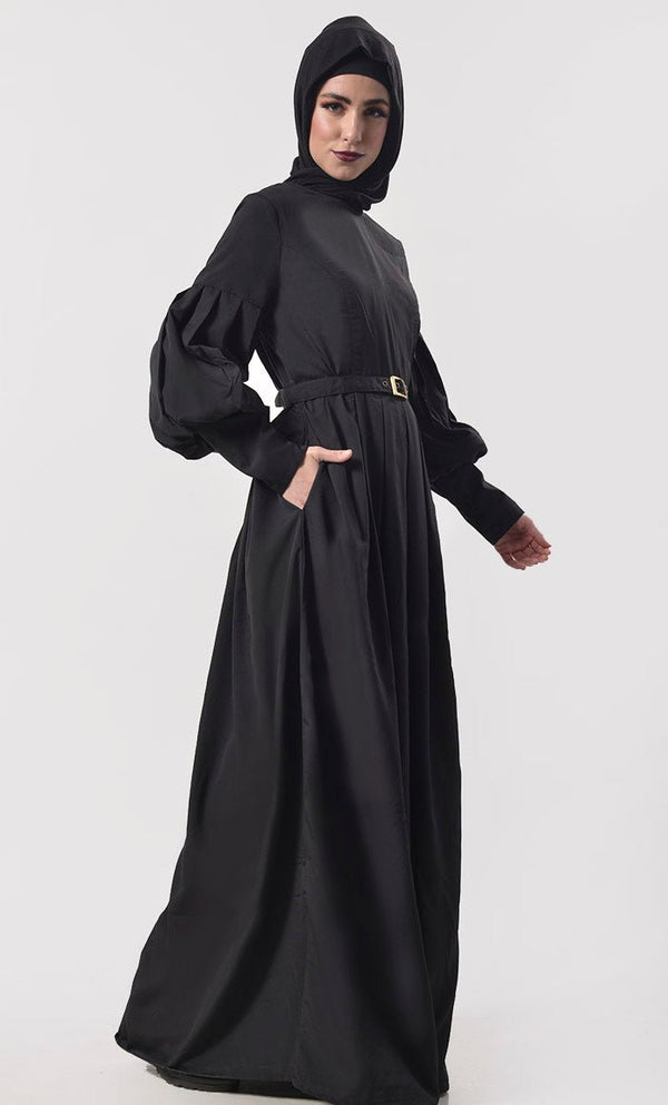 Modern Sleeve Detailing Black Abaya With Pockets And Belt - EastEssence.com