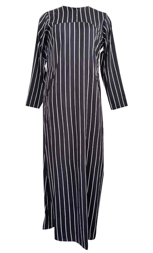 Black Stripe Printed Abaya With Pockets