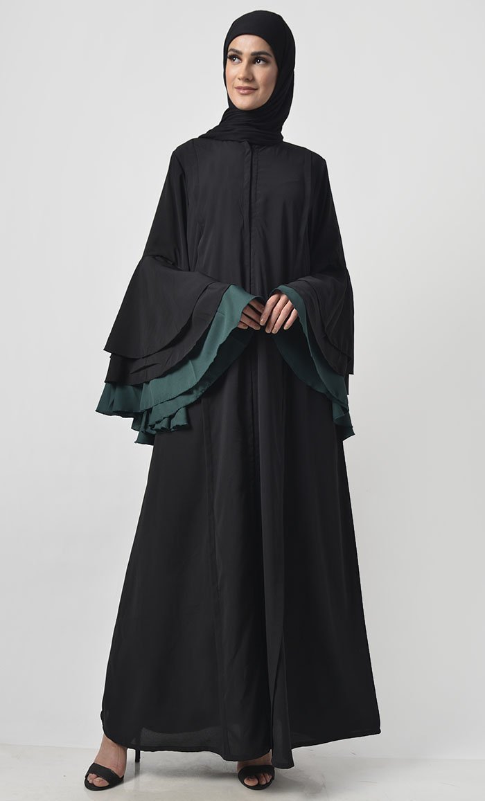 Modest Black Trendy Flared Sleeve Abaya Dress - EastEssence.com