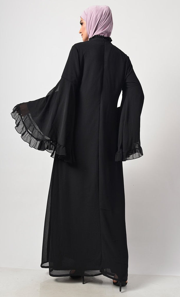 Modest Black Trendy Victorian Neck Abaya Dress - EastEssence.com