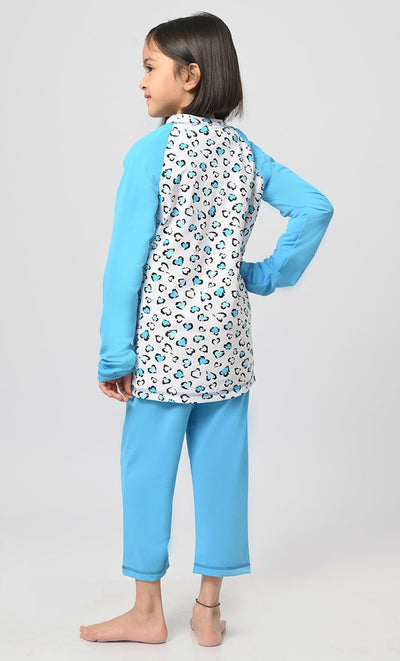 Modest Blue Heart Printed Girl's Swimsuit - 2Pc Set - EastEssence.com