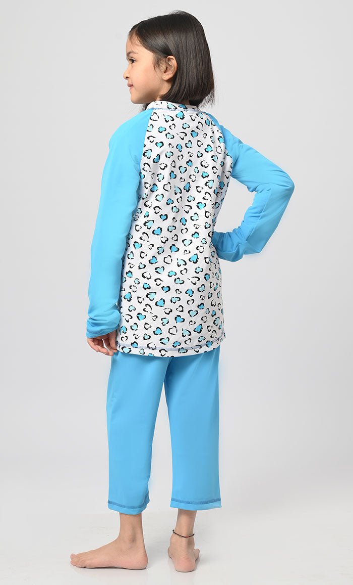 Modest Blue Heart Printed Girl's Swimsuit - 2Pc Set - EastEssence.com