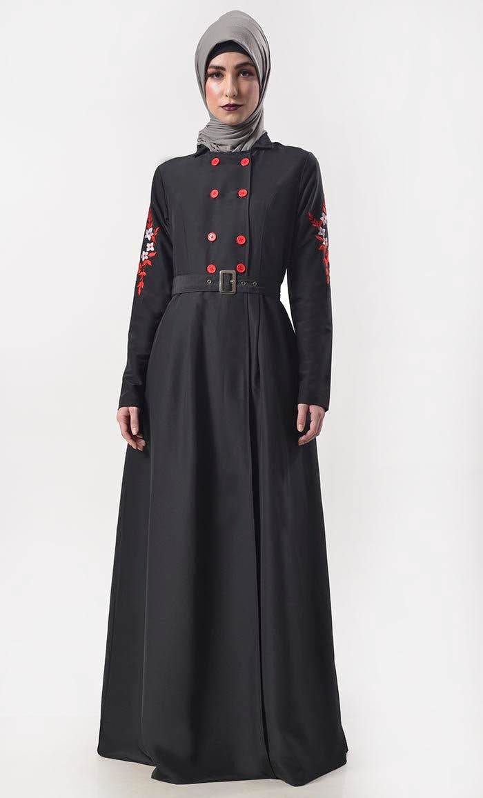 Modest Classic Black Embroidered Abaya with Pockets