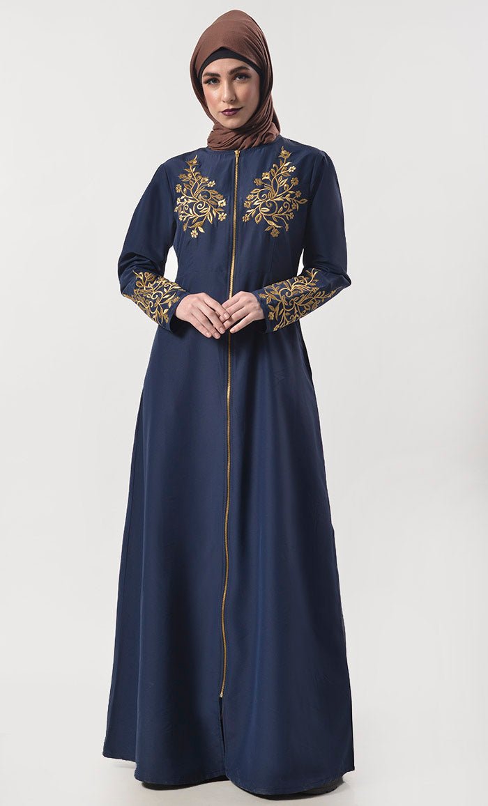 Modest Classic Navy Applique Work Full Length Zipper Abaya With Pockets - EastEssence.com