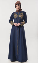 Modest Classic Navy Applique Work Full Length Zipper Abaya With Pockets - EastEssence.com