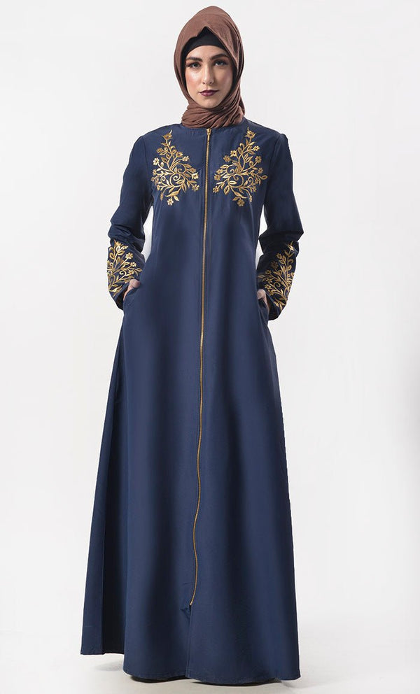 Modest Classic Navy Applique Work Full Length Zipper Abaya With Pockets - EastEssence.com